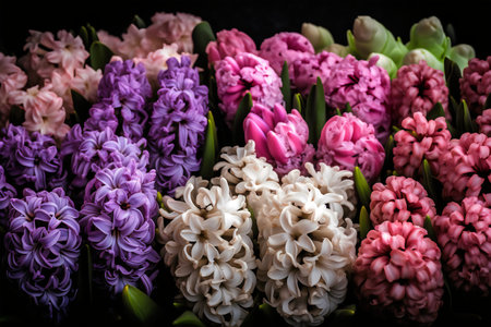 Colorful hyacinths in a row on black background.の写真素材