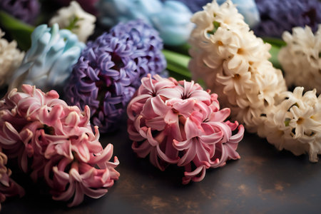 Beautiful hyacinth flowers on wooden background. Spring flowers.の写真素材
