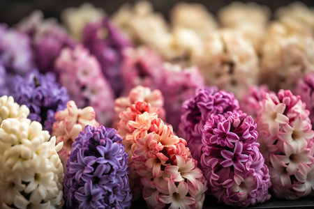 Colorful hyacinth flowers in flower market, closeup viewの写真素材