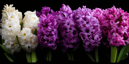 Beautiful hyacinths on black background, closeup. spring flowersの写真素材