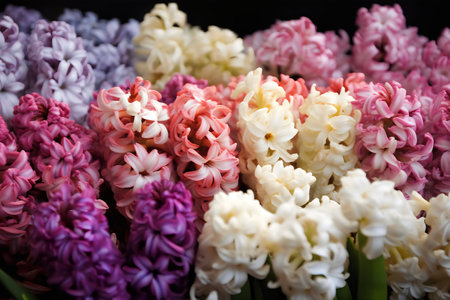 Colorful hyacinths in a flower shop, close upの写真素材