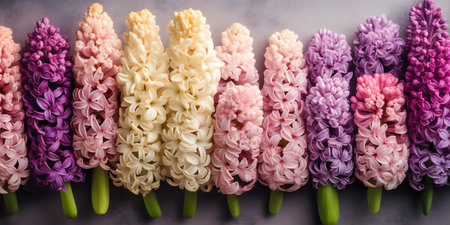 Multicolored hyacinths in a row on gray backgroundの写真素材