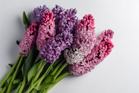 Beautiful hyacinth flowers on white background, top view. spring flowersの写真素材