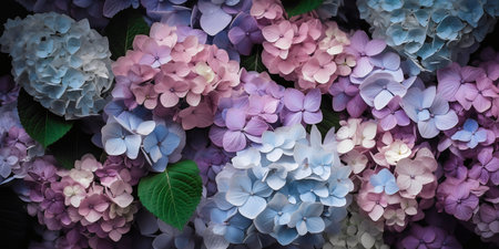 Colorful hydrangea flowers background. Hydrangea macrophylla.の写真素材