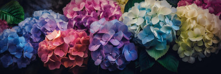 Colorful hydrangea flowers on dark background, panoramaの写真素材