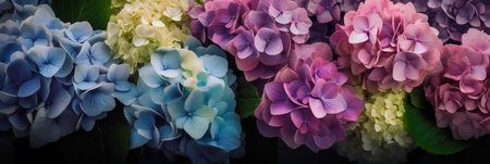 Colorful hydrangea flowers on dark background, closeupの写真素材