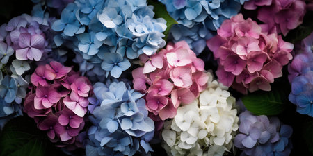 Colorful hydrangea flowers background, Hydrangea macrophyllaの写真素材