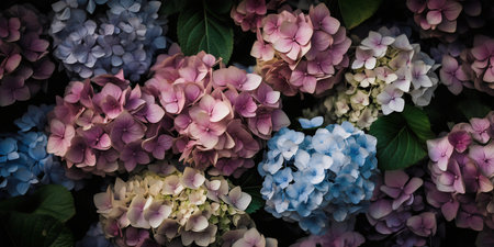 Colorful Hydrangea flowers background, Hydrangea macrophyllaの写真素材