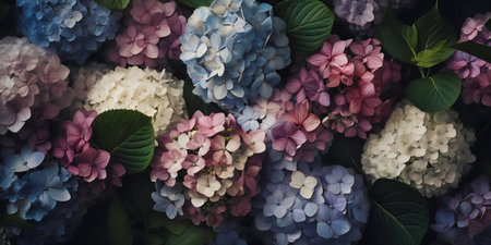Colorful hydrangea flowers background. Hydrangea macrophylla.の写真素材