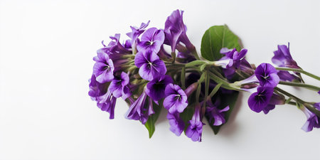 Bouquet of purple flowers on a white background, top viewの写真素材