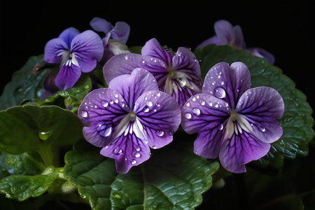 Beautiful purple violets with water drops on the petalsの写真素材