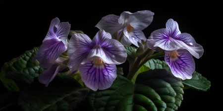 Beautiful purple flowers on a black background. Close up.の写真素材