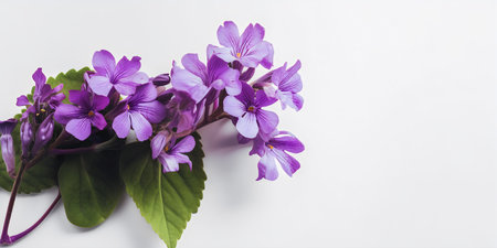 Bouquet of purple flowers on a white background. Place for text.の写真素材