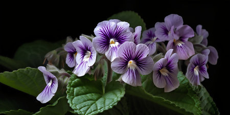Beautiful purple flowers on a black background. Close up.の写真素材