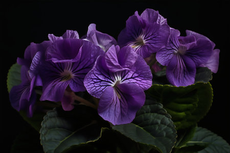 Beautiful purple violets on black background, close-upの写真素材