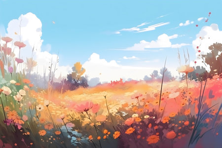 Autumn landscape with meadow and colorful flowers. Digital painting.の写真素材