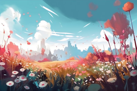 Digital painting of a meadow with poppies and buildings in the backgroundの写真素材