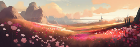 Fantasy landscape with mountains and clouds. Digital painting. Vector illustration.の写真素材