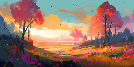 Colorful autumn landscape with meadow, trees and flowers. Digital painting.の写真素材