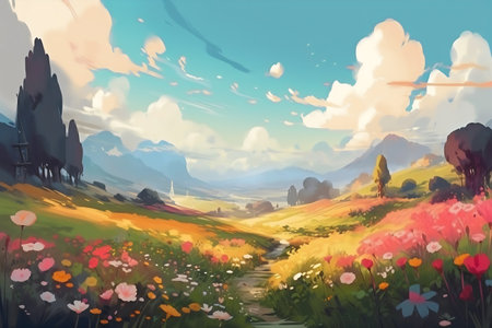Digital painting of a meadow with flowers and mountains in the backgroundの写真素材