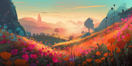 Fantasy landscape with mountains, meadows and flowers. Digital painting.の写真素材