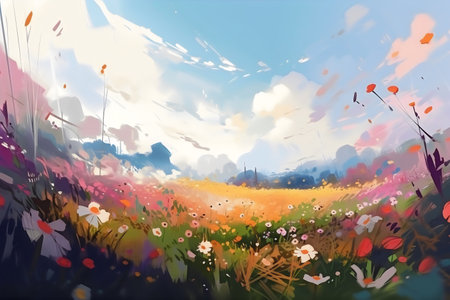 Digital painting of a meadow with flowers and clouds in the skyの写真素材