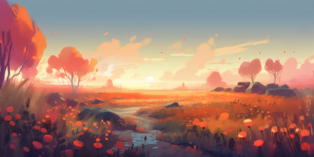 Beautiful sunset in the meadow with poppies. Digital illustration.の写真素材