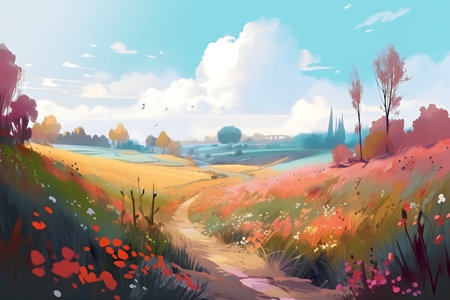 Beautiful spring landscape with meadow and trees. Digital painting.の写真素材