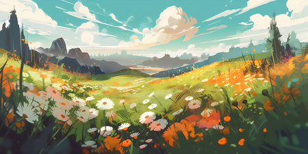 Spring meadow with poppies and mountains in the background.の写真素材