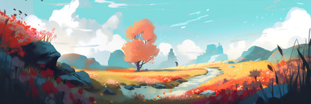 Autumn landscape with colorful trees and meadow. Vector illustration.の写真素材