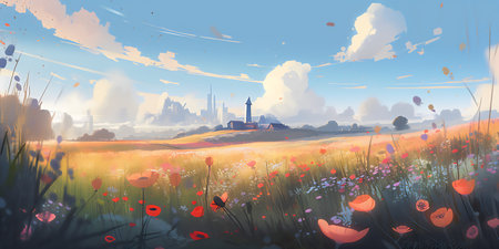 Fantasy landscape with mosque and poppies. 3D renderingの写真素材