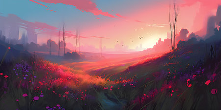 Fantasy landscape with meadow and city at sunset. 3d illustrationの写真素材