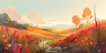 Fantasy landscape with meadow and mountains. Digital painting. Vector illustration.の写真素材