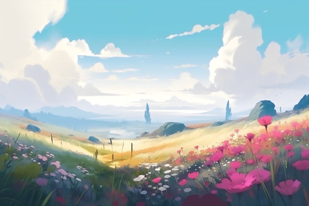 Digital painting of a meadow with pink flowers and a mountain in the backgroundの写真素材