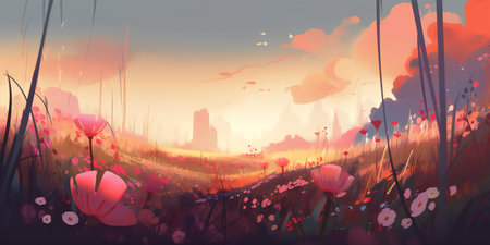 Fantasy landscape with blooming flowers on the meadow in the morning.の写真素材