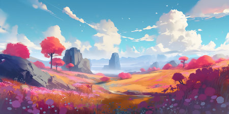 Fantasy landscape with mountains, meadow and flowers. Digital painting.の写真素材