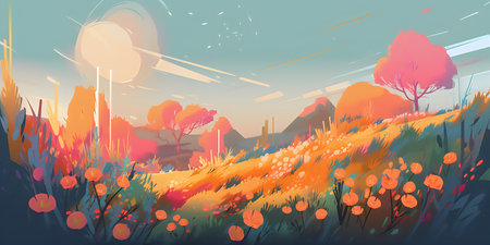 Beautiful meadow with flowers in the mountains. Digital painting.の写真素材