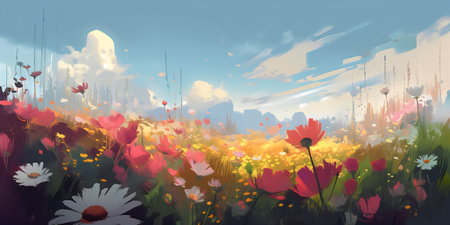 Beautiful summer landscape with meadow and flowers. Digital painting.の写真素材