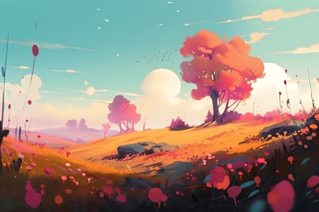Fantasy landscape with trees and mountains. 3d render illustration.の写真素材