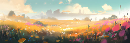 Beautiful landscape with mountains, meadow and flowers. Digital painting.の写真素材