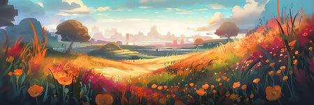Autumn landscape with meadow, trees and flowers. illustrationの写真素材