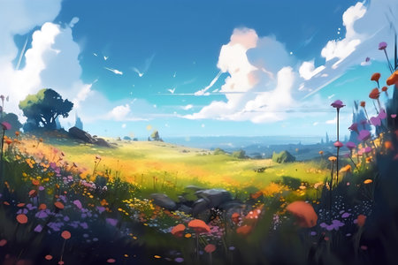 Beautiful summer landscape with meadow and colorful flowers. Digital painting.の写真素材