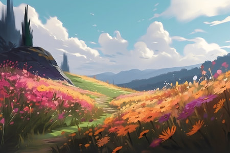 Fantasy landscape with meadow and flowers. Digital art painting.の写真素材