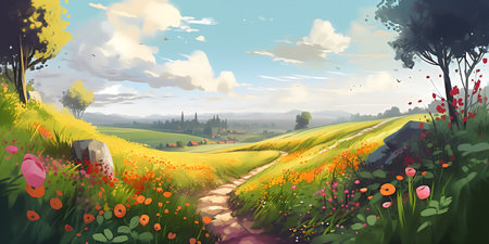 Fantasy landscape with red trees, meadow and clouds. 3d illustrationの写真素材