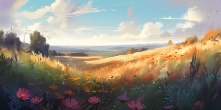 Fantasy landscape with meadow, mountains and forest. Vector illustration.の写真素材