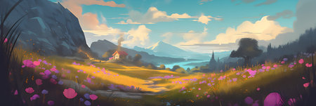 Beautiful fantasy landscape with blooming meadow at sunset. Digital painting.の写真素材