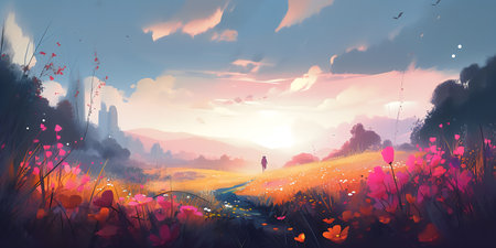 Digital painting of a woman walking in a meadow at sunset.の写真素材