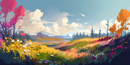Beautiful summer landscape with colorful flowers. Digital art painting illustration.の写真素材