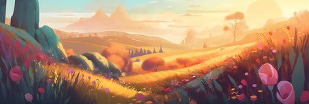 Landscape with meadow, mountains and flowers. Vector illustration.の写真素材