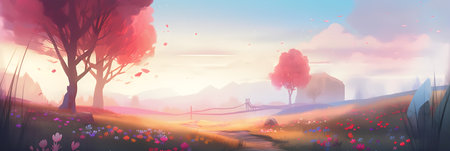 Beautiful landscape with mountains and meadow. 3d illustration.の写真素材